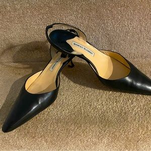 Manolo Blahnik black leather sling back heels